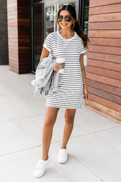 Blissful Days White/Black Striped  T-Shirt Dress