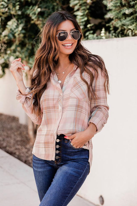 Sweet Disposition Blush Plaid Flannel Blouse