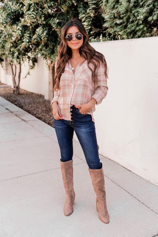 Sweet Disposition Blush Plaid Flannel Blouse