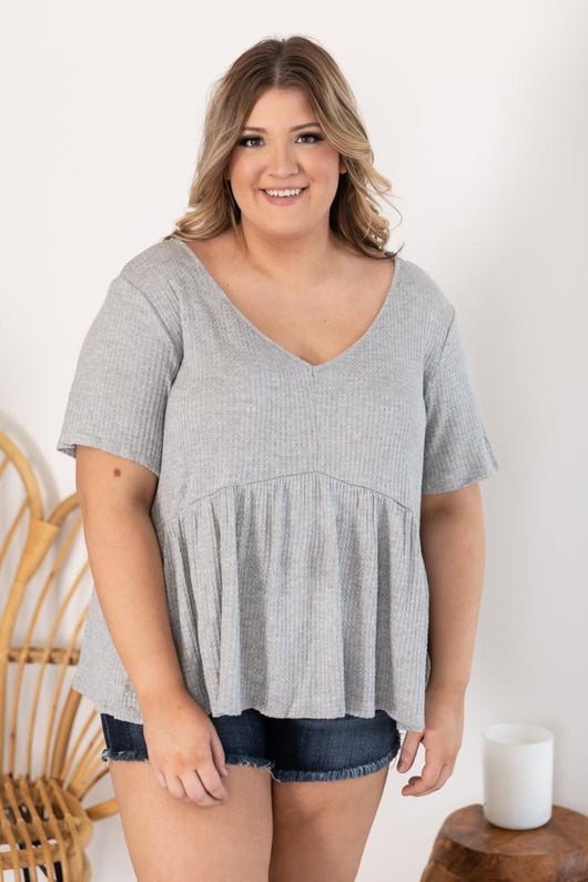 My Best Self Waffle Peplum Blouse Heather Grey