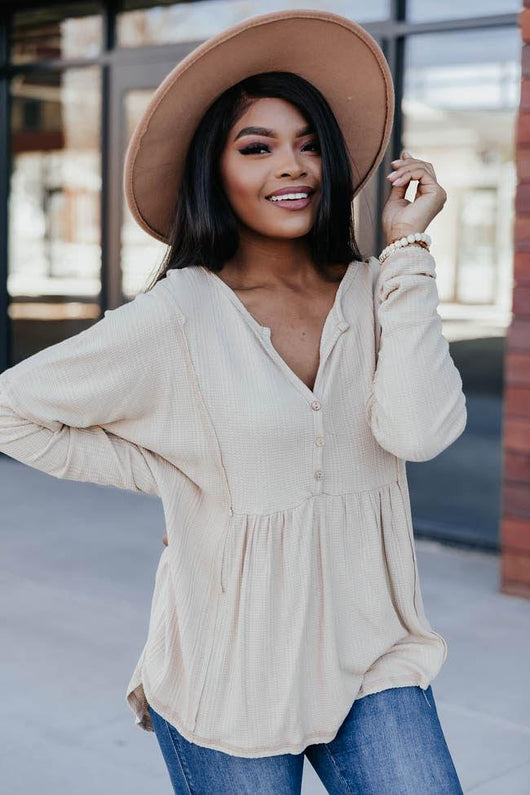 Beautiful Things Waffle Knit Taupe Blouse