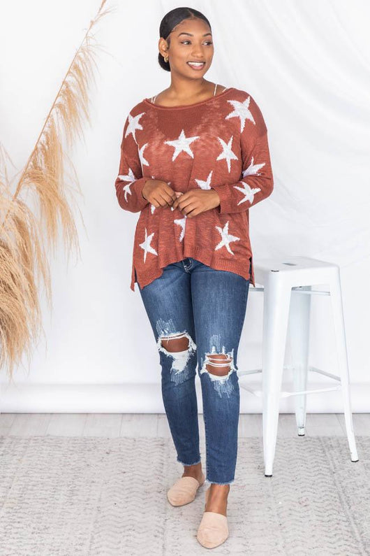 Born A Star Distressed Sweater Rust FINAL SALE