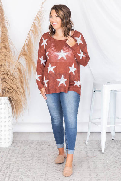 Born A Star Distressed Sweater Rust FINAL SALE