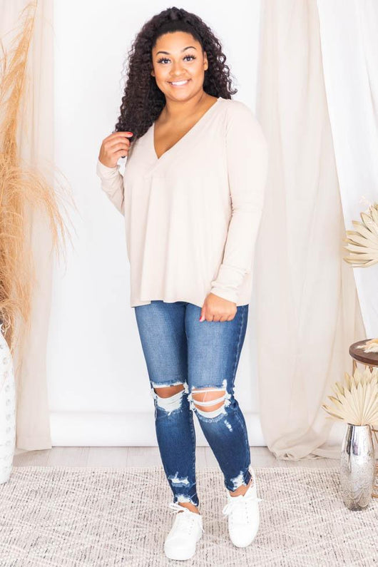 I'm A Believer V-Neck Blouse Beige