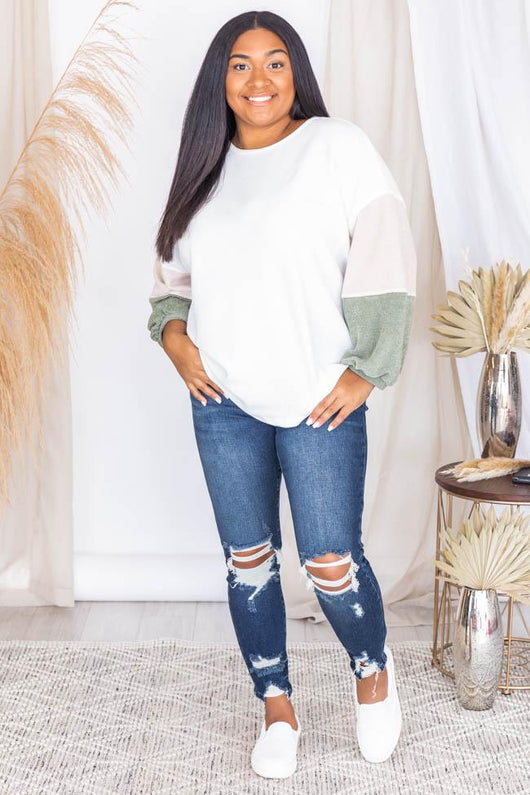 Reach Out Olive Colorblock Sleeve Pullover