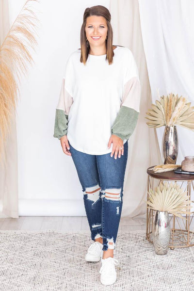 Reach Out Olive Colorblock Sleeve Pullover