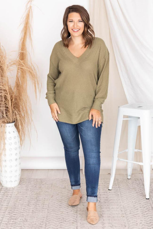 Dress To Impress Waffle Knit Olive Blouse