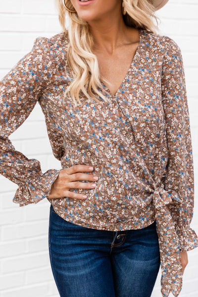 Falling In Love Floral Wrap Blouse Taupe FINAL SALE