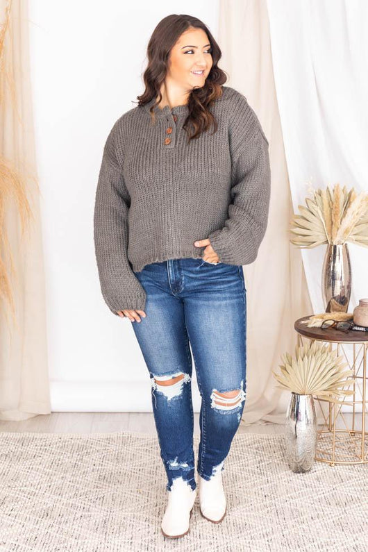 Kicked Back Charcoal Henley Sweater