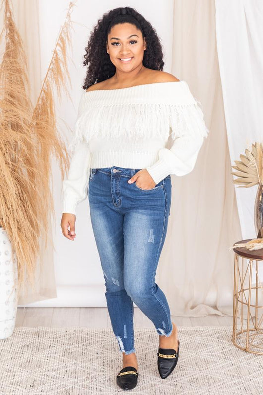Go Your Own Way Fringe Sweater Cream