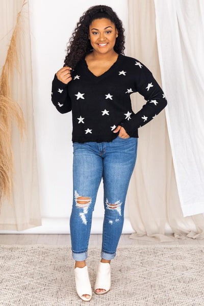 Midnight Stargazing Distressed Black Sweater