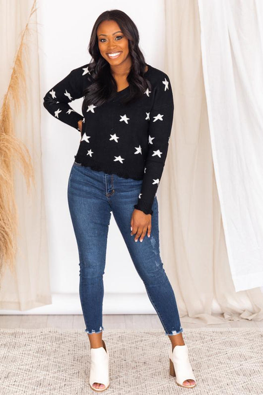 Midnight Stargazing Distressed Black Sweater