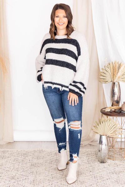 Show Your Heart Stripe Black Sweater