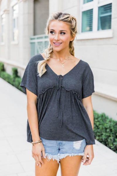 It's Your Destiny Ribbed Knit Charcoal Blouse FINAL SALE