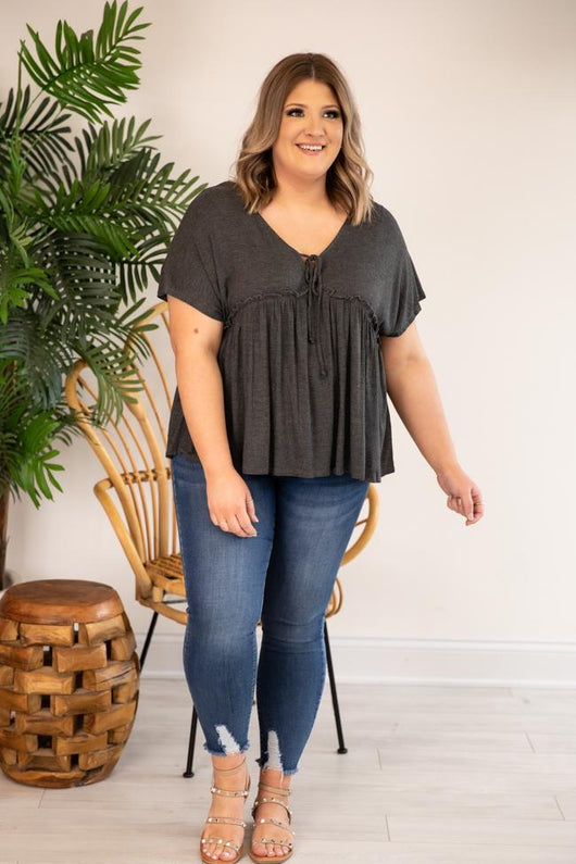 It's Your Destiny Ribbed Knit Charcoal Blouse FINAL SALE
