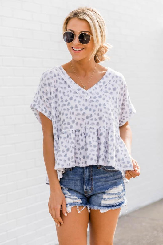 Never Serious Animal Print Peplum Grey Blouse FINAL SALE