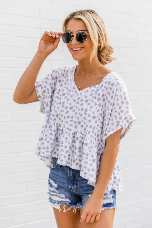 Never Serious Animal Print Peplum Grey Blouse FINAL SALE