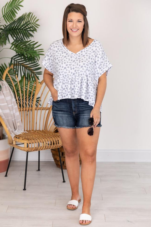 Never Serious Animal Print Peplum Grey Blouse FINAL SALE