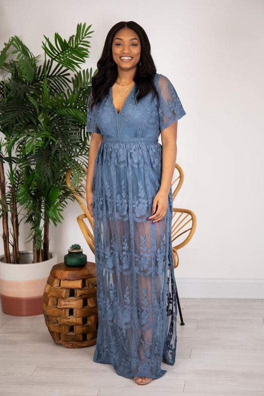 Crossing Paths Lace Maxi Blue Romper