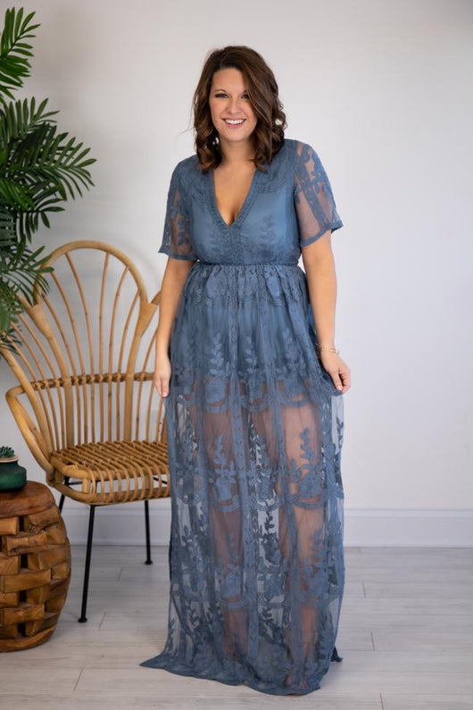 Crossing Paths Lace Maxi Blue Romper