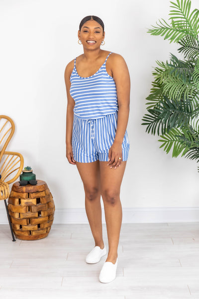 Fluttering Heart Striped Blue/White Romper