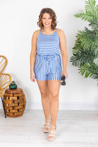 Fluttering Heart Striped Blue/White Romper