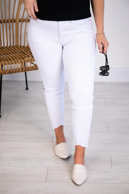 Ivy Mid Rise Raw Hem Crop White Jeans