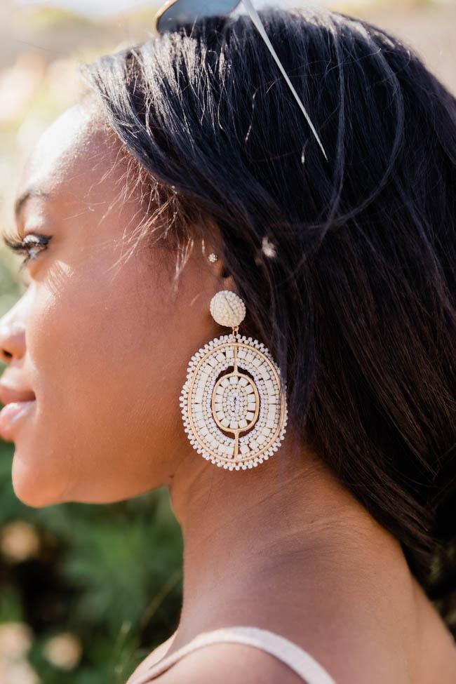 Elegant Evenings Await Ivory Oval Beaded Earrings