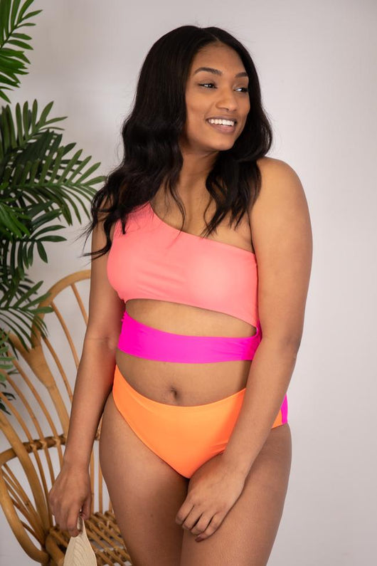 Radiant Sunburst Cutout One Shoulder Colorblock Pink Swimsuit