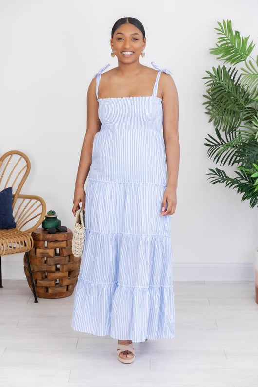 CAITLIN COVINGTON X PINK LILY The Santorini Striped Blue/White Maxi Dress