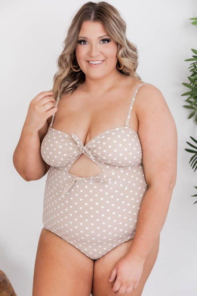 CAITLIN COVINGTON X PINK LILY Cozumel Cutout Polka Dot Taupe Swimsuit