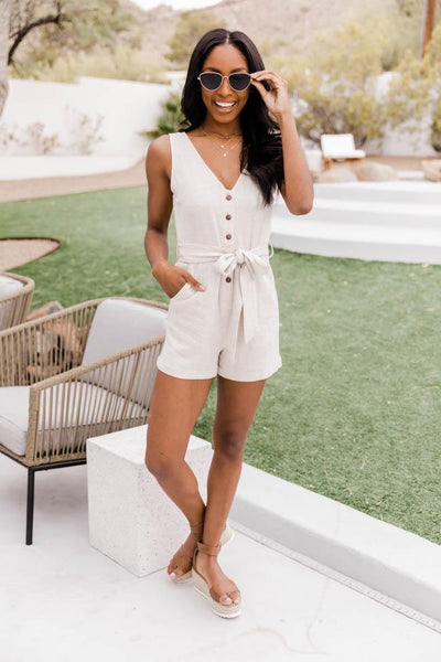 Ready To Roll Button Front Tie Waist Taupe Romper