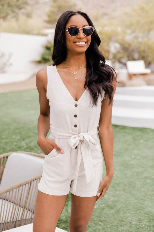 Ready To Roll Button Front Tie Waist Taupe Romper
