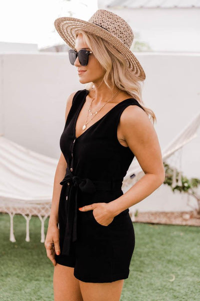 Ready To Roll Button Front Tie Waist Black Romper