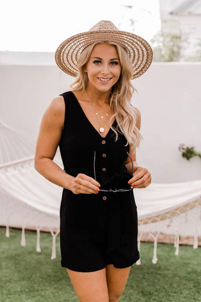 Ready To Roll Button Front Tie Waist Black Romper