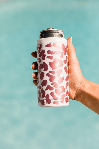 Treasure Island 12oz White/Rose Animal Print Can Cooler