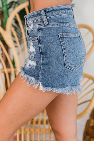 Stay Forever Young High Rise Medium Wash Denim Shorts