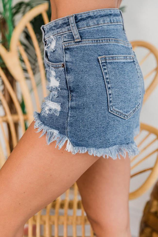 Stay Forever Young High Rise Medium Wash Denim Shorts