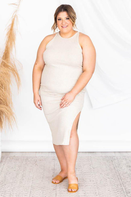Adored By You Oatmeal Ribbed Midi Tank Dress