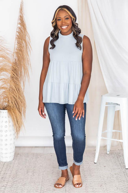 Good Surprises Blue Ribbed Tiered Tank