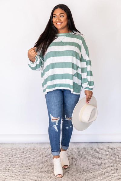 Mix It Up Sage/White Waffle Knit Stripe Blouse