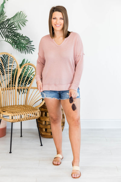 My Own Reality Long Sleeve V-Neck Pink Blouse