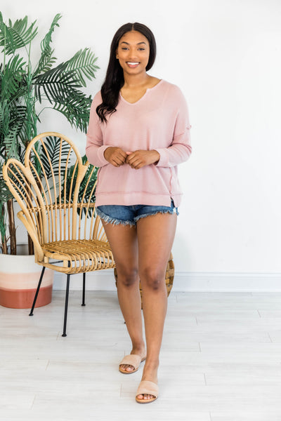 My Own Reality Long Sleeve V-Neck Pink Blouse