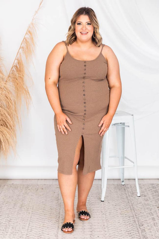 Passport Destination Brown Button Ribbed Midi Dress