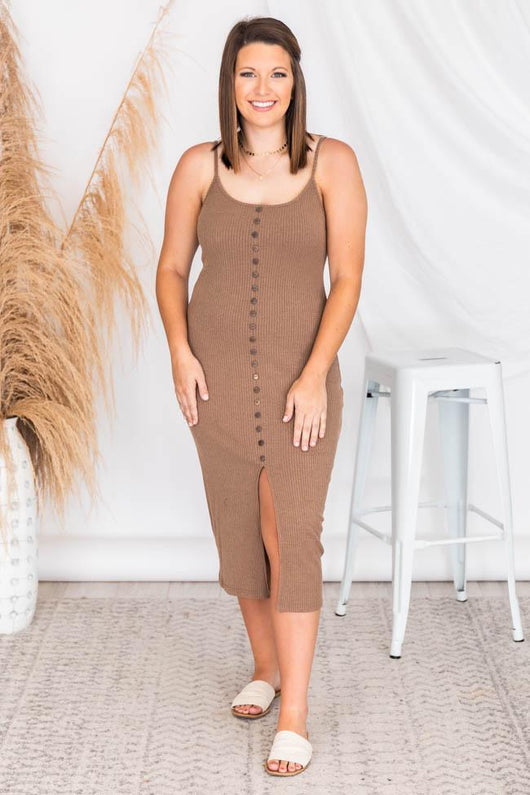 Passport Destination Brown Button Ribbed Midi Dress