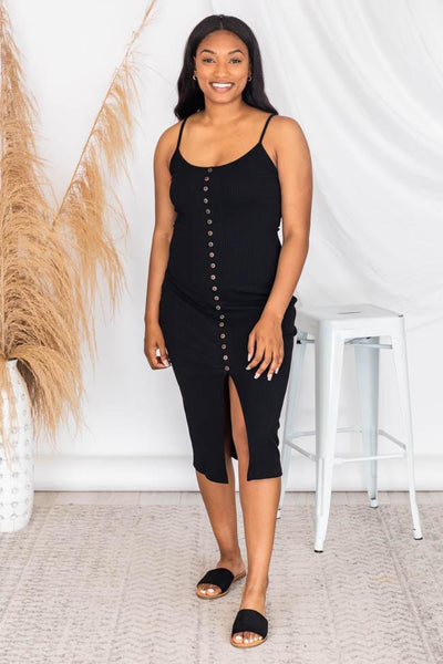 Passport Destination Black Button Ribbed Midi Dress