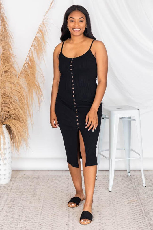 Passport Destination Black Button Ribbed Midi Dress