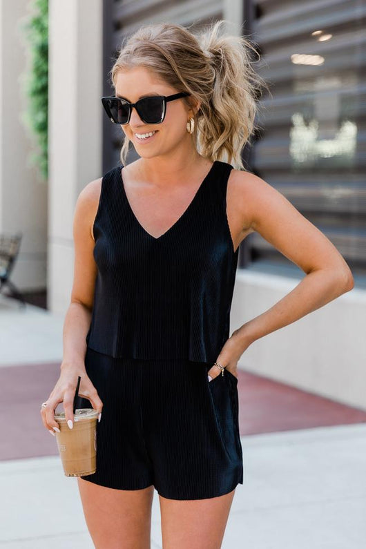 LIVING MY BEST STYLE X PINK LILY Chasing Cities Black Pleated Romper