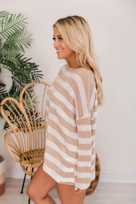 Valley Dance Taupe/White Stripe Knit Sweater