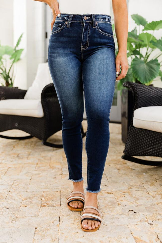 Alex Raw Hem Dark Wash Skinny Jeans